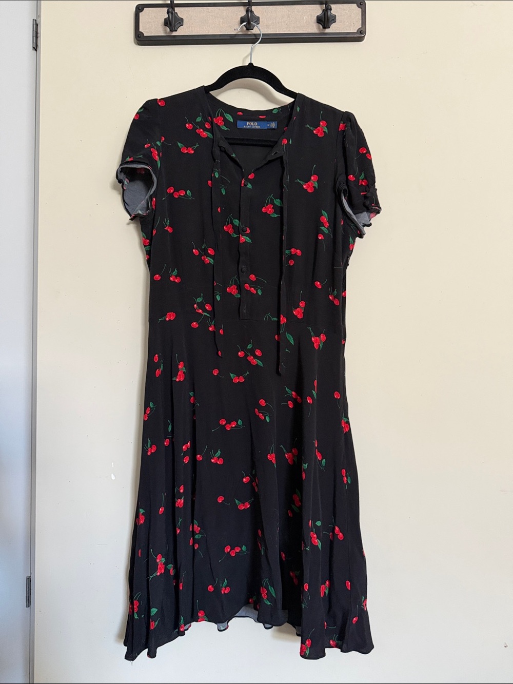 Polo by Ralph Lauren Black Cherry-Print Tie-Neck Midi Dress